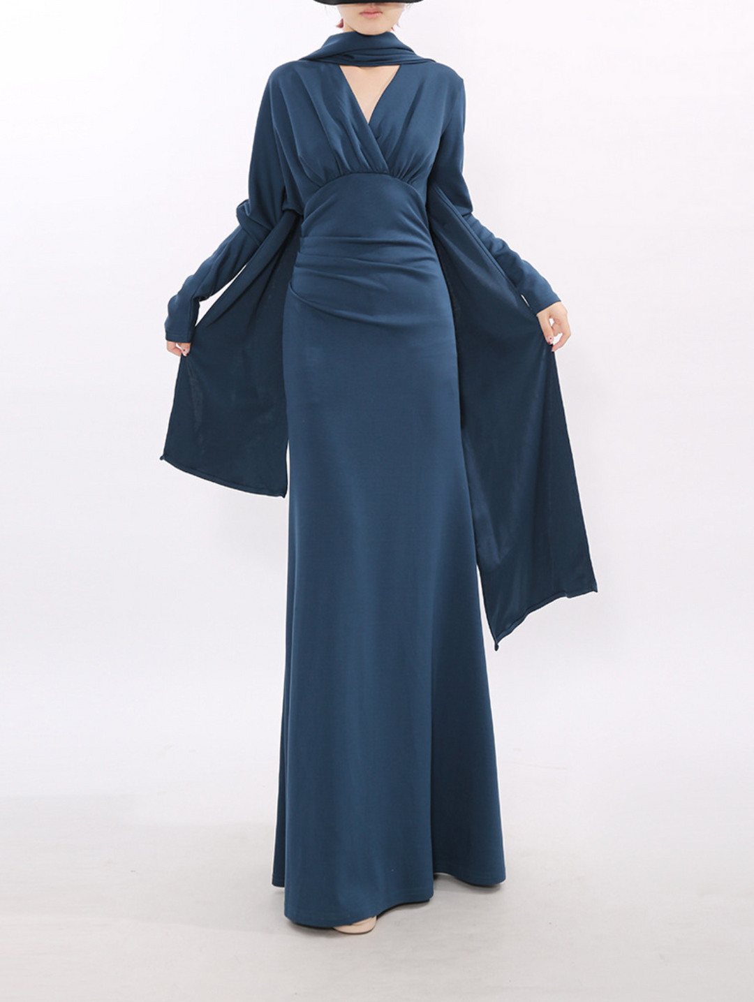 long-sleeve draped maxi dress with scarf neckline – VEIL