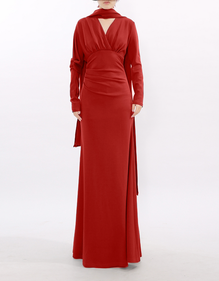 long-sleeve draped maxi dress with scarf neckline – VEIL
