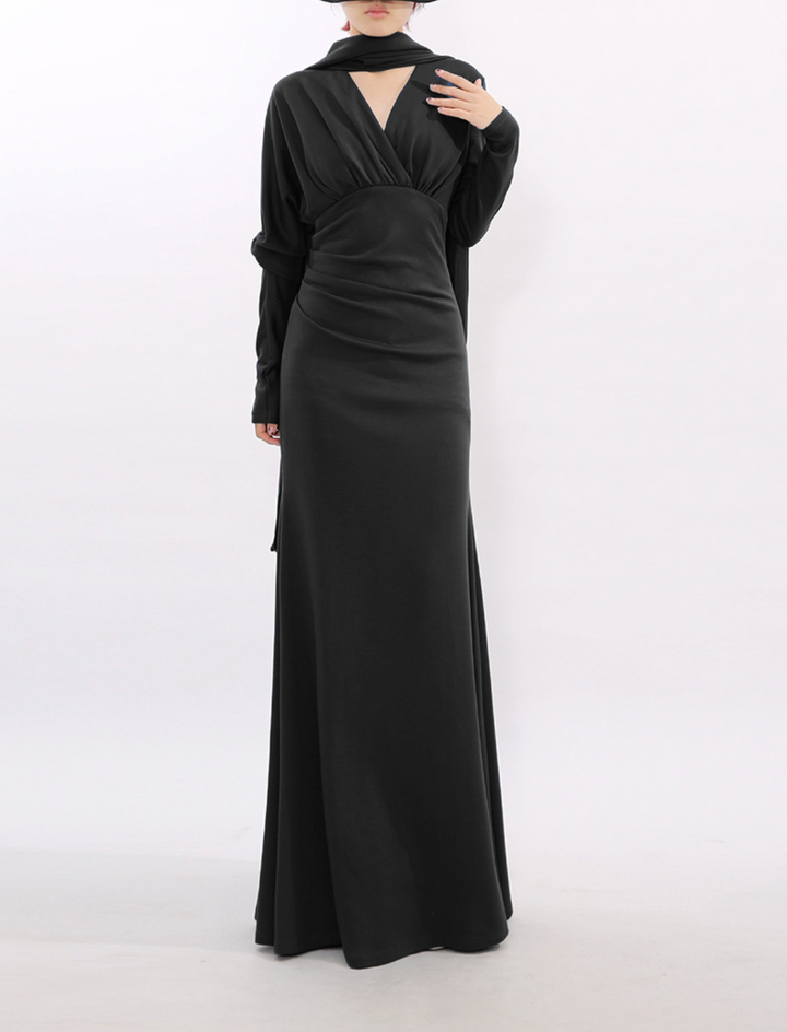 long-sleeve draped maxi dress with scarf neckline – VEIL