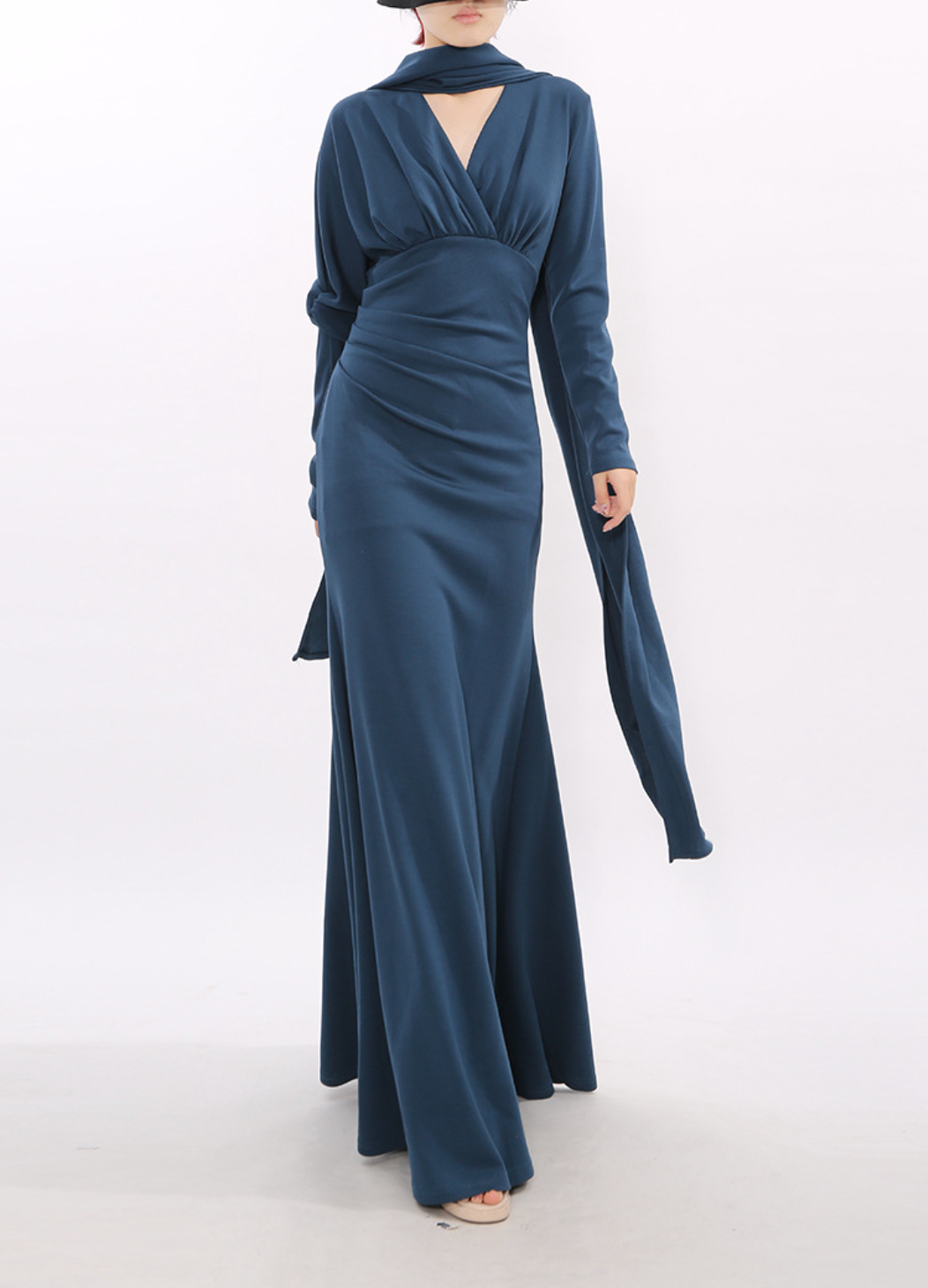 long-sleeve draped maxi dress with scarf neckline – VEIL
