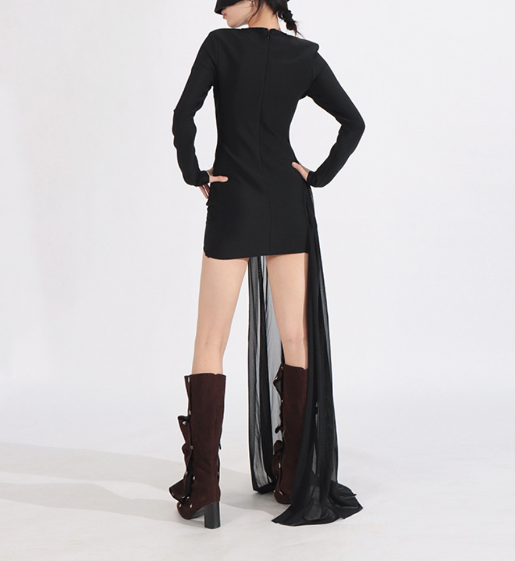 long-sleeve asymmetric mini dress with sheer draped panel – VELIA