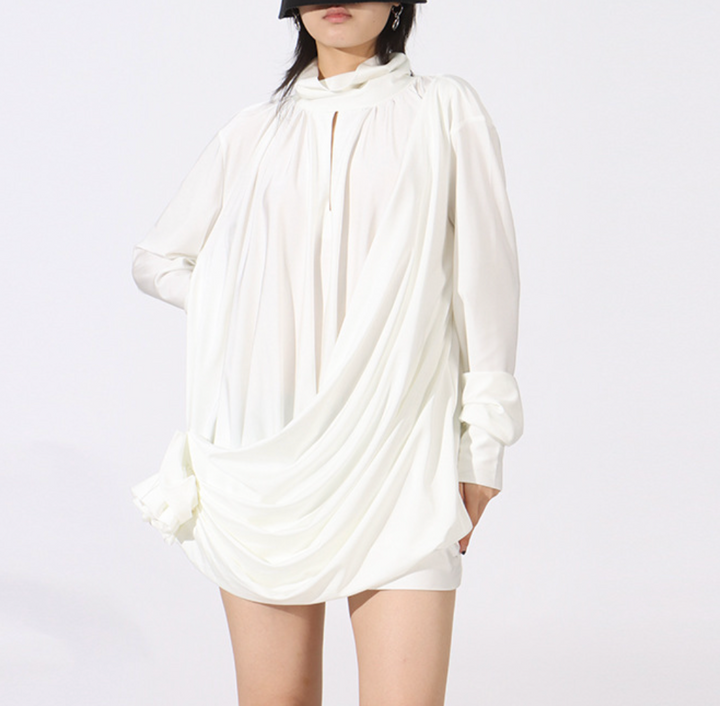 high-neck draped mini dress with gathered sleeves – IVORY