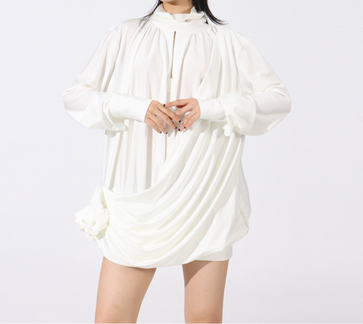 high-neck draped mini dress with gathered sleeves – IVORY