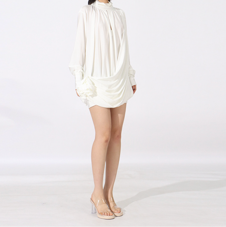 high-neck draped mini dress with gathered sleeves – IVORY