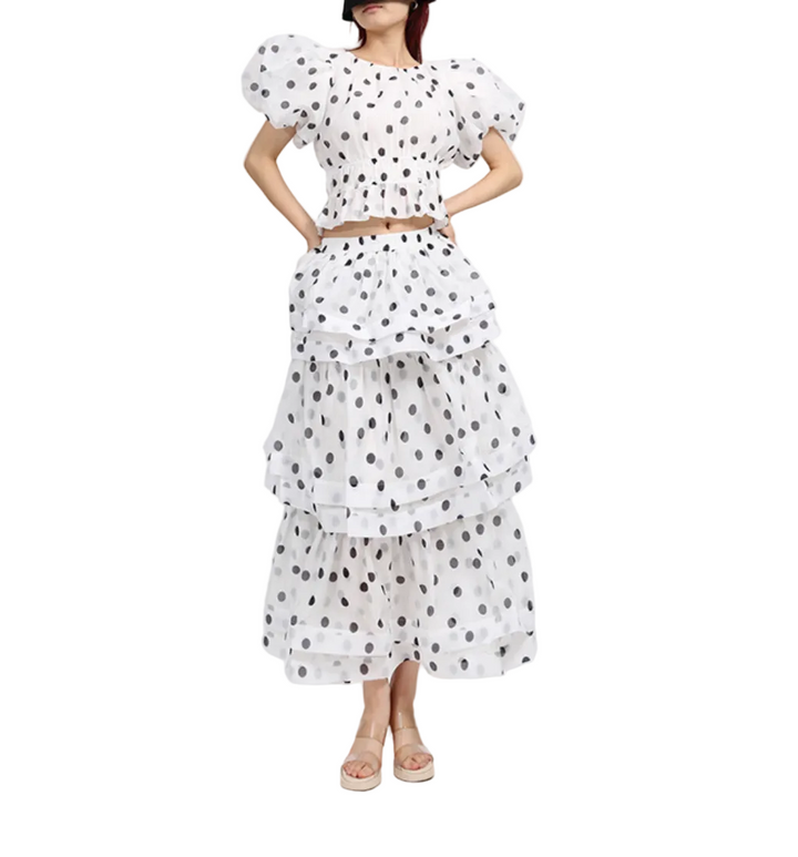 Polka-Dot Puff-Sleeve Tiered Skirt Set – LUMI