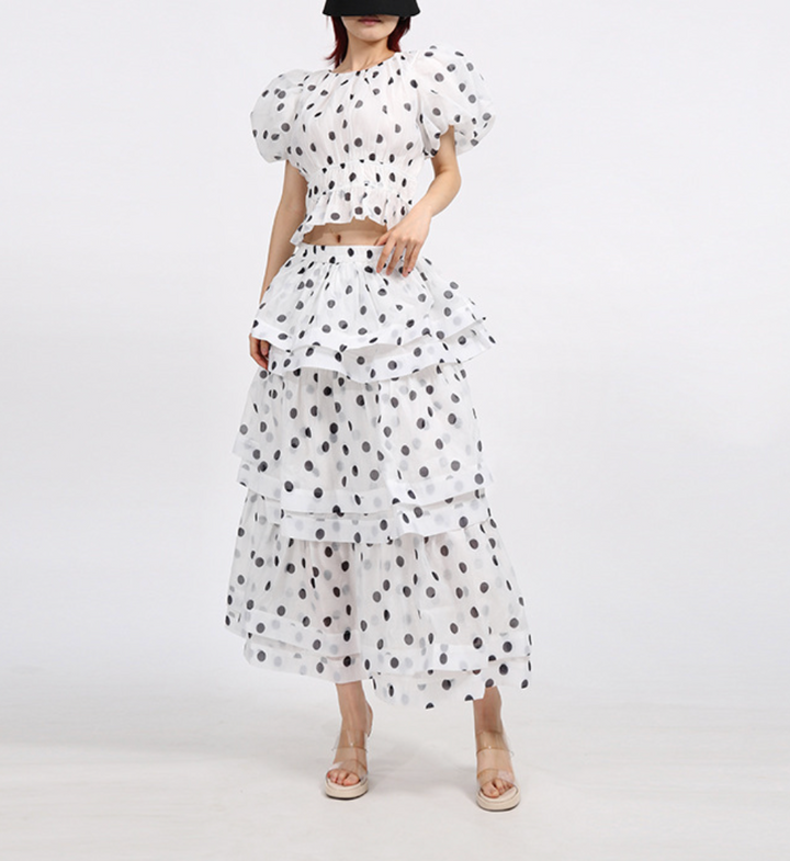 Polka-Dot Puff-Sleeve Tiered Skirt Set – LUMI