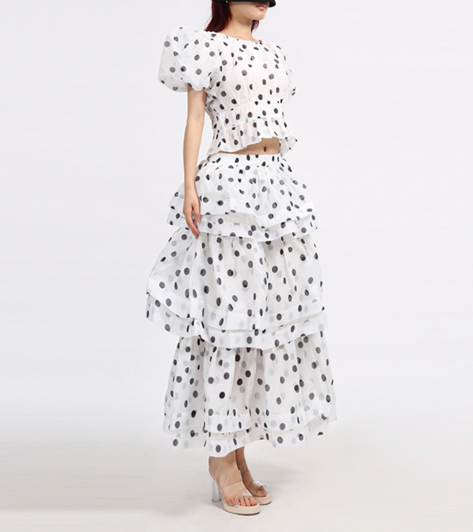 Polka-Dot Puff-Sleeve Tiered Skirt Set – LUMI