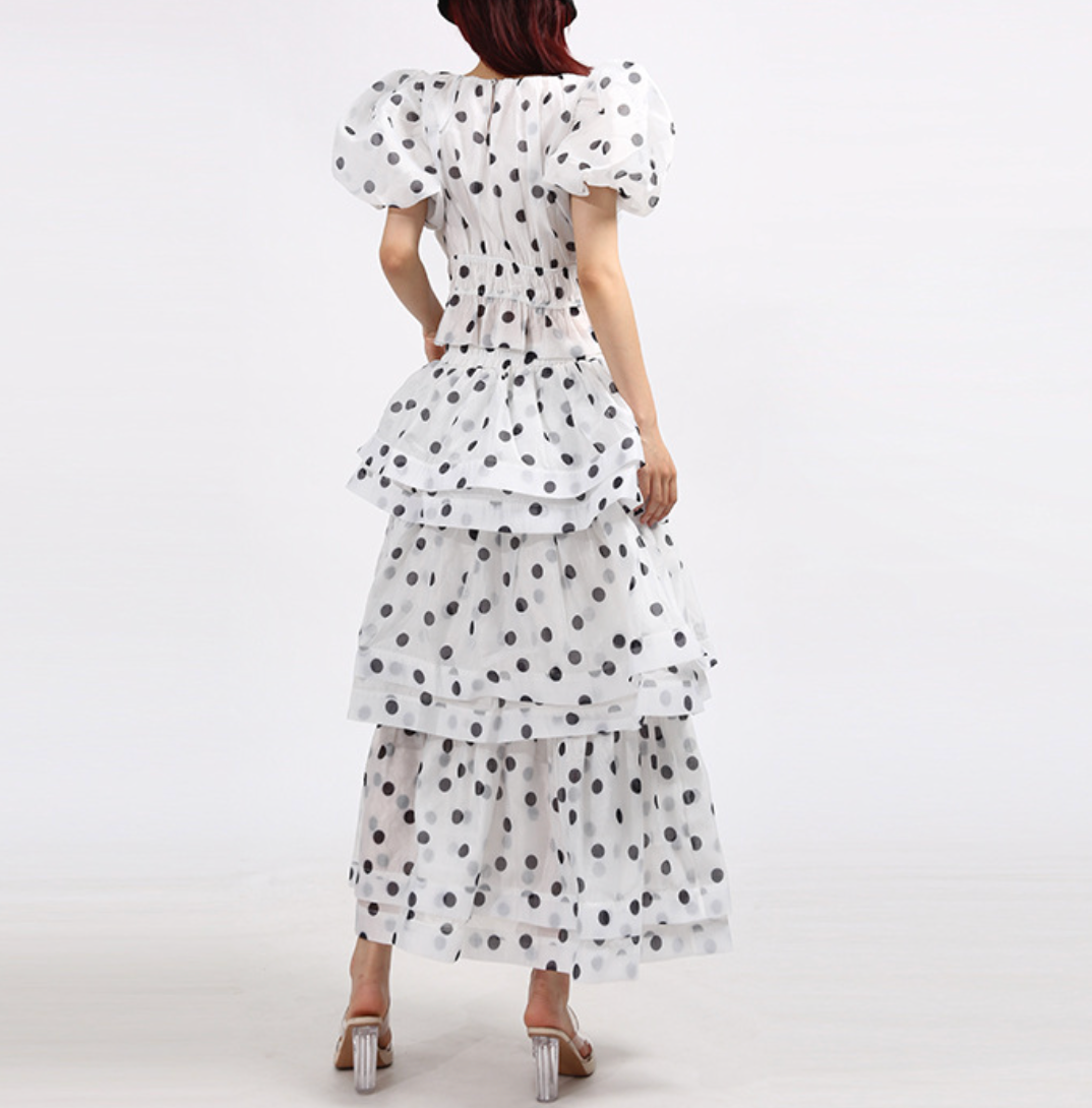Polka-Dot Puff-Sleeve Tiered Skirt Set – LUMI