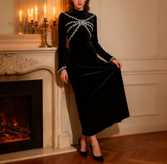 embellished velvet midi dress with crystal motif – NOCTURNE