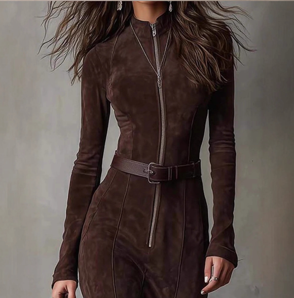 suede-effect zip-front maxi dress with belt – AMBERA