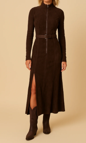 suede-effect zip-front maxi dress with belt – AMBERA