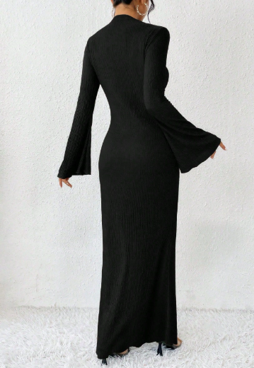 ribbed column maxi dress with flared sleeves – VAZIRA