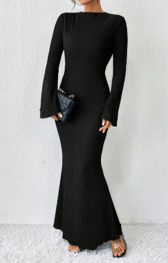 ribbed column maxi dress with flared sleeves – VAZIRA