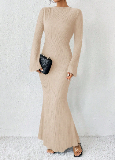 ribbed column maxi dress with flared sleeves – VAZIRA