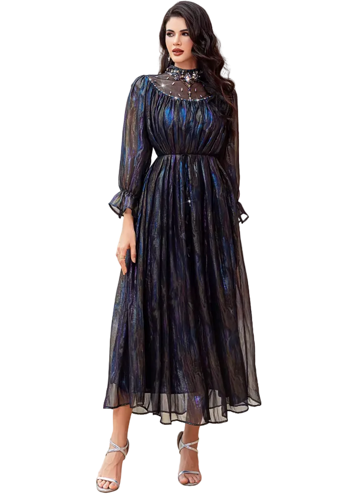 Shimmered Midi Dress with Beaded High Neck – NOCTURNA