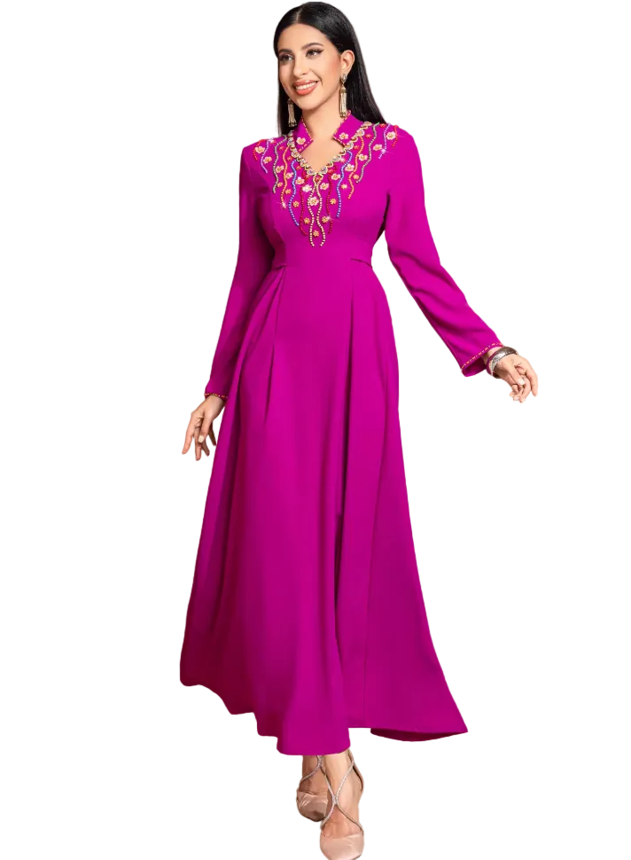 Embroidered V-Neck Maxi Dress with Long Sleeves – AMARIS