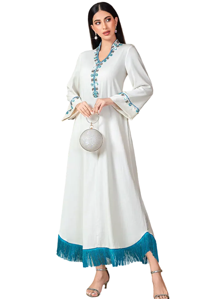 Embroidered White Maxi Dress with Fringe Hem – AZURA