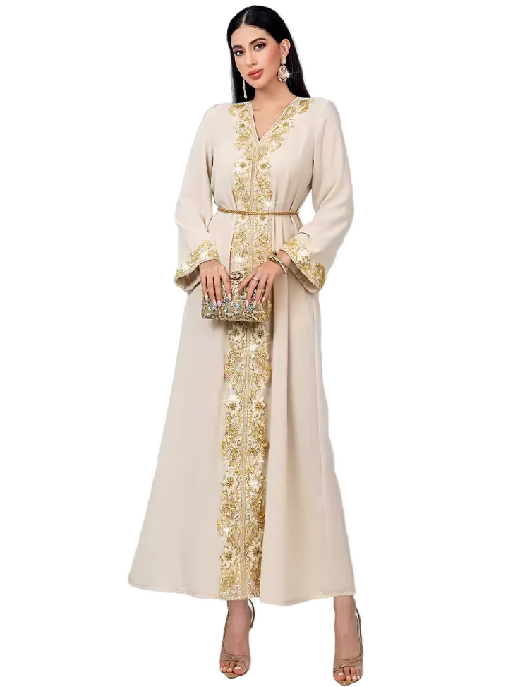 embroidered V-neck long abaya with waist belt – AURELIA