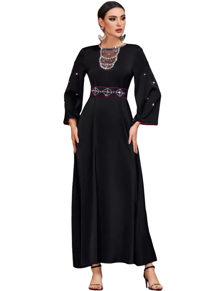 Embroidered Waist Maxi Dress with Sheer Neck Detail – ELYSIA