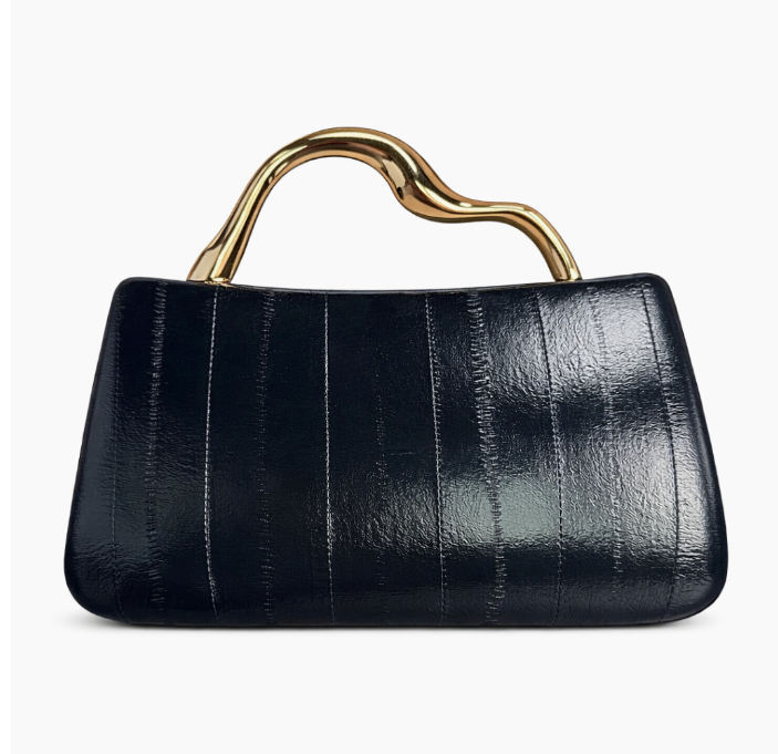 structured leather-effect clutch with sculpted gold handle – VELORA