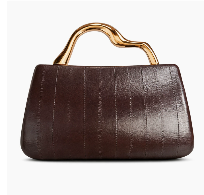 structured leather-effect clutch with sculpted gold handle – VELORA