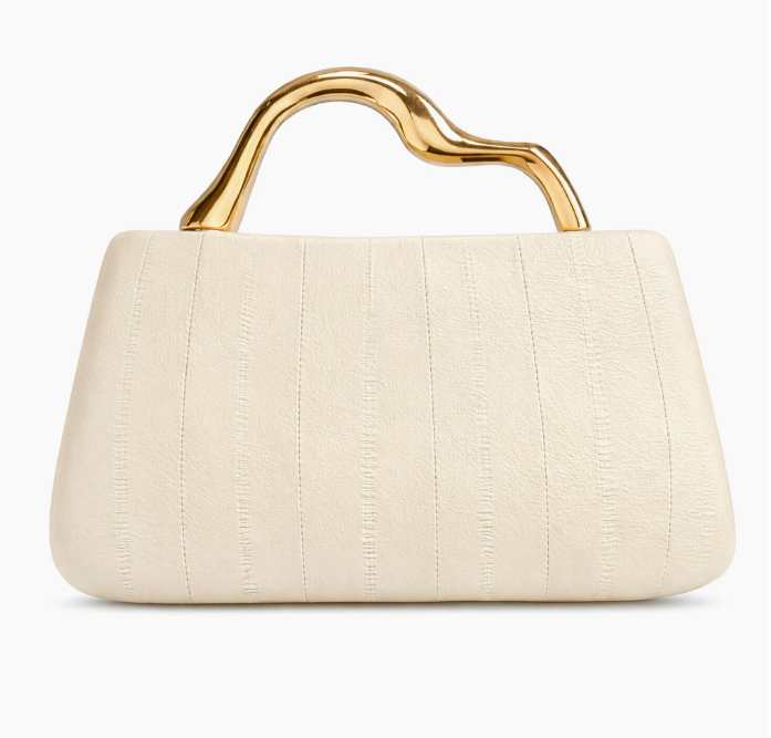 structured leather-effect clutch with sculpted gold handle – VELORA