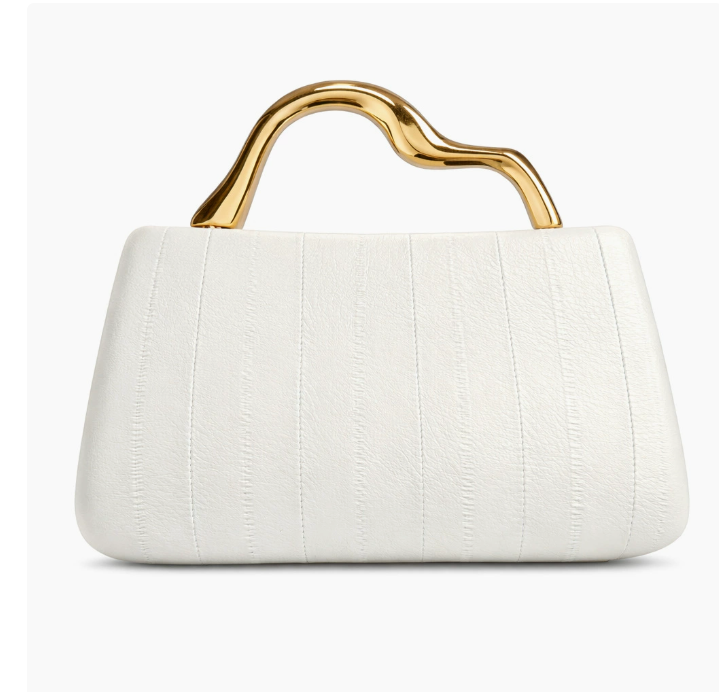 structured leather-effect clutch with sculpted gold handle – VELORA