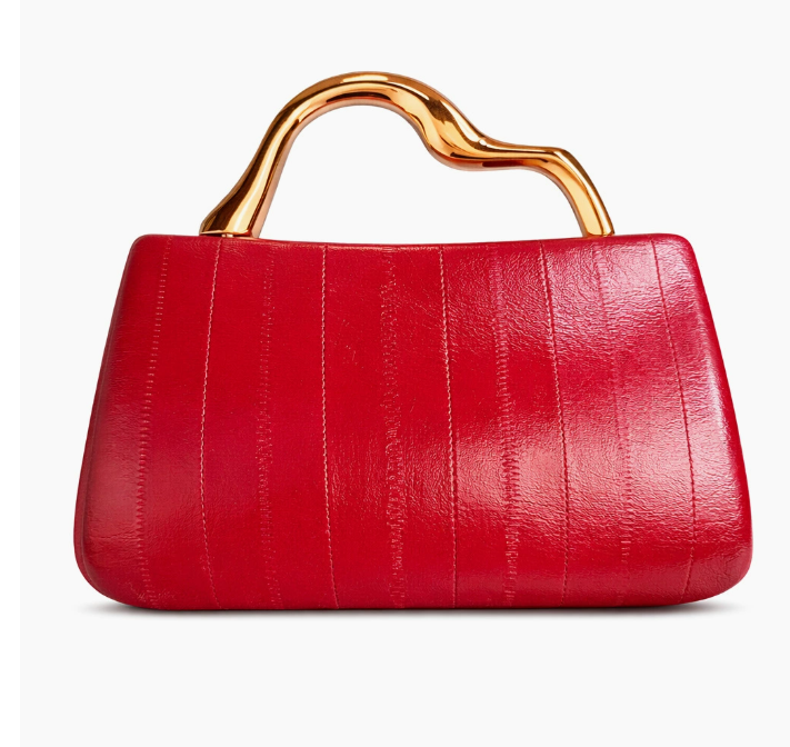 structured leather-effect clutch with sculpted gold handle – VELORA