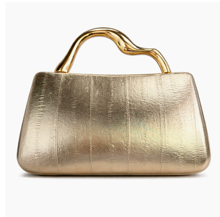 structured leather-effect clutch with sculpted gold handle – VELORA