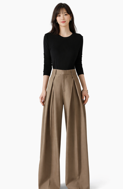 high-waist wide-leg trousers with double front pleats – TAUPE