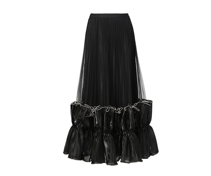 pleated mesh maxi skirt with ruffle hem – ODY