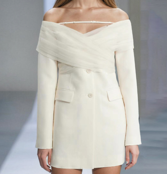 off-shoulder chiffon-overlay blazer dress – SELENE