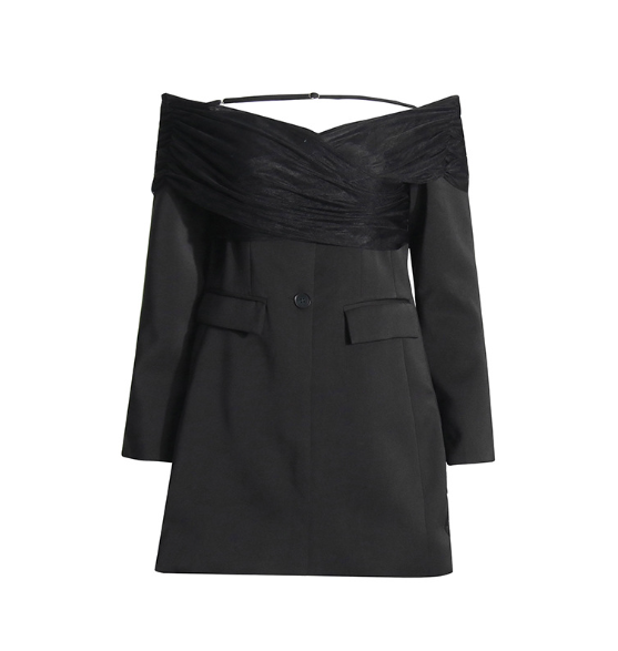 off-shoulder chiffon-overlay blazer dress – SELENE