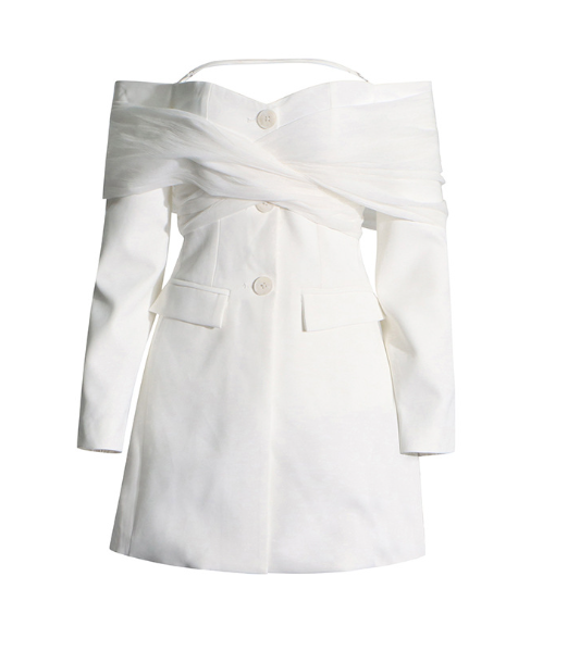 off-shoulder chiffon-overlay blazer dress – SELENE