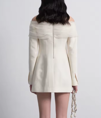 off-shoulder chiffon-overlay blazer dress – SELENE