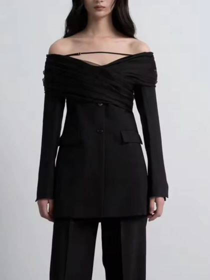 off-shoulder chiffon-overlay blazer dress – SELENE