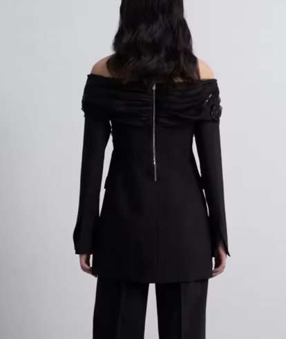 off-shoulder chiffon-overlay blazer dress – SELENE