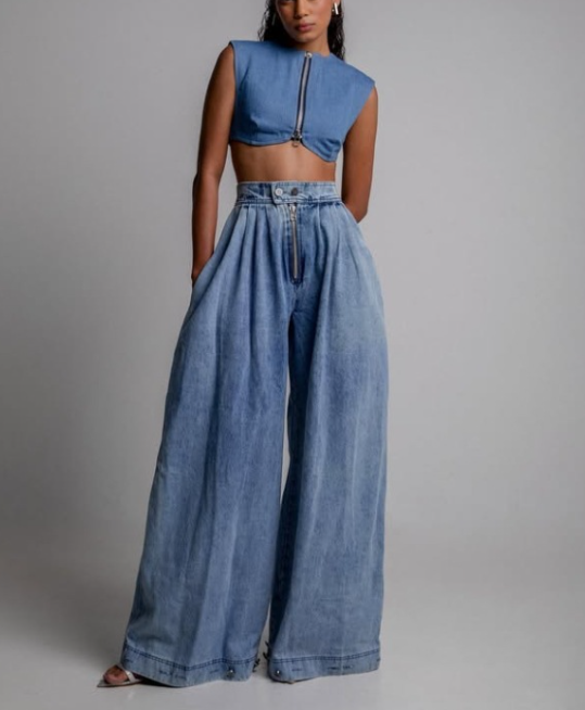 pleated high-waist denim trousers – AZURE