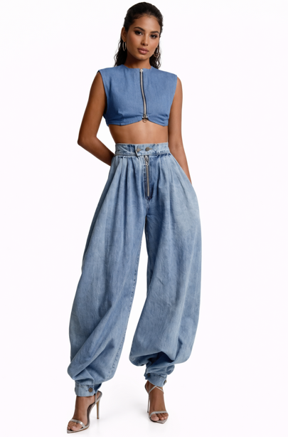pleated high-waist denim trousers – AZURE