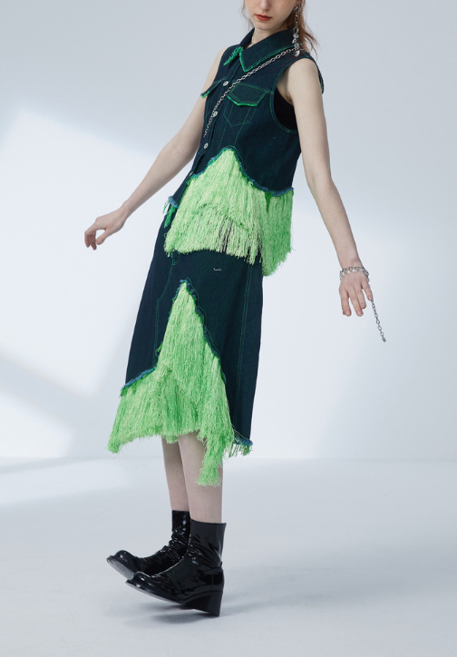 sleeveless denim vest & midi skirt set with neon fringe panels – VIVA