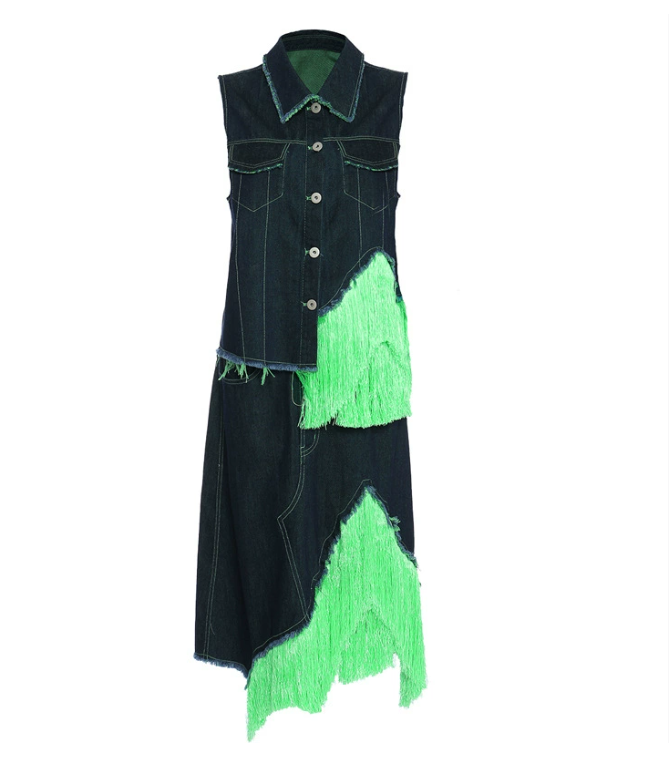sleeveless denim vest & midi skirt set with neon fringe panels – VIVA