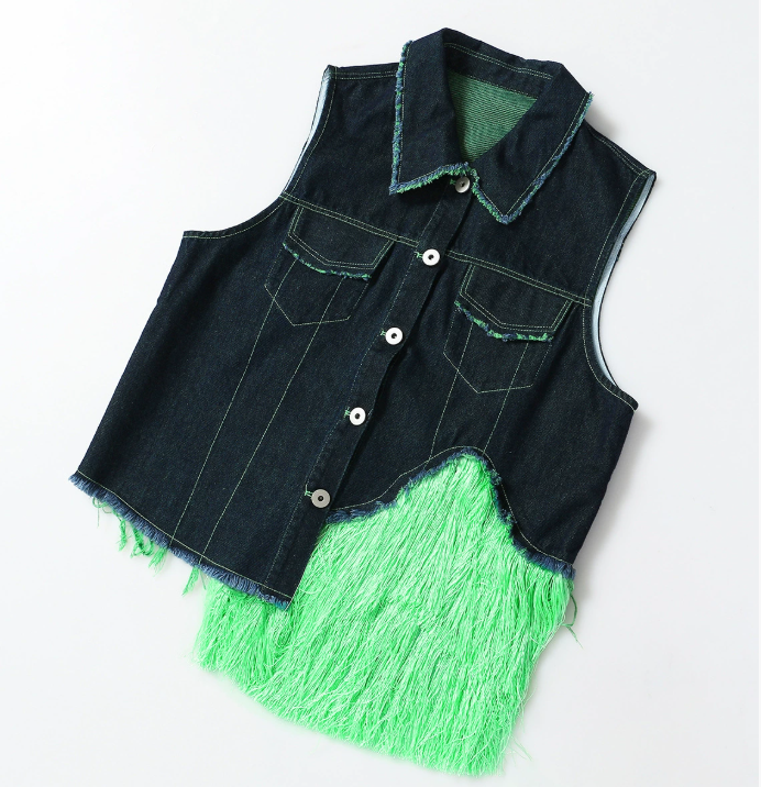 sleeveless denim vest & midi skirt set with neon fringe panels – VIVA