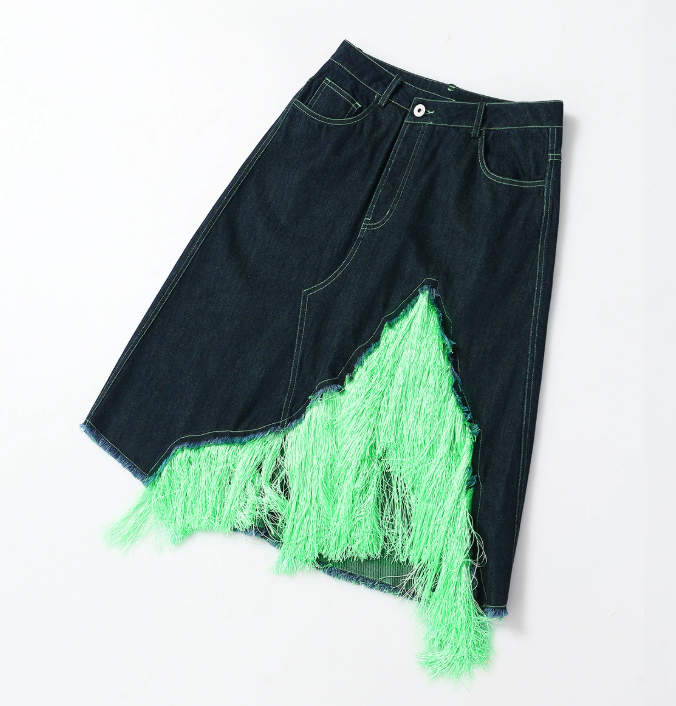 sleeveless denim vest & midi skirt set with neon fringe panels – VIVA