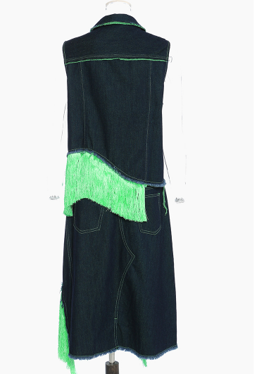 sleeveless denim vest & midi skirt set with neon fringe panels – VIVA