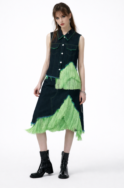 sleeveless denim vest & midi skirt set with neon fringe panels – VIVA