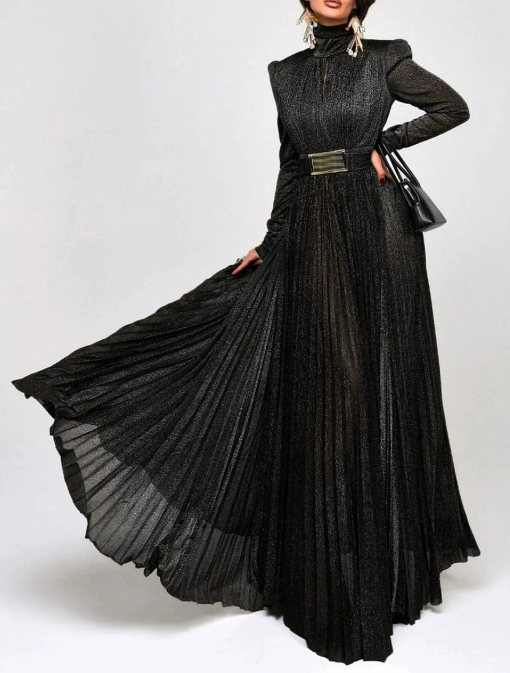 high-neck pleated shimmer maxi dress with structured shoulders – KIYARA