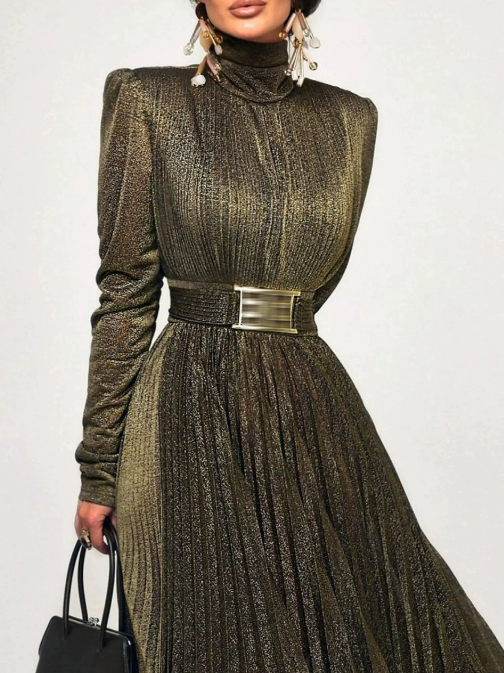 high-neck pleated shimmer maxi dress with structured shoulders – KIYARA