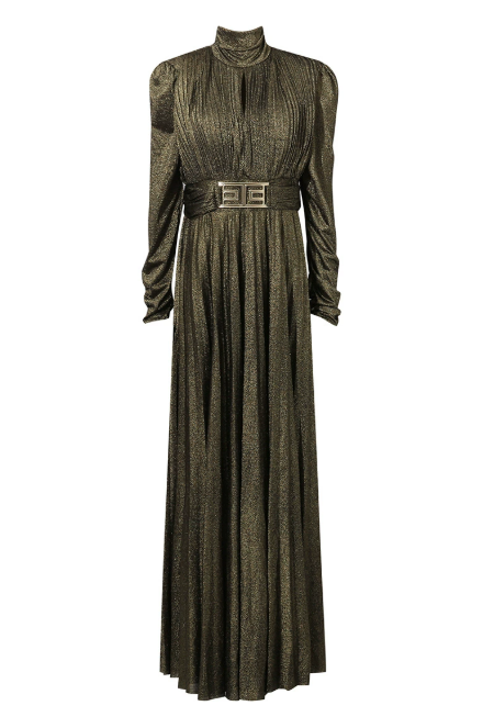 high-neck pleated shimmer maxi dress with structured shoulders – KIYARA