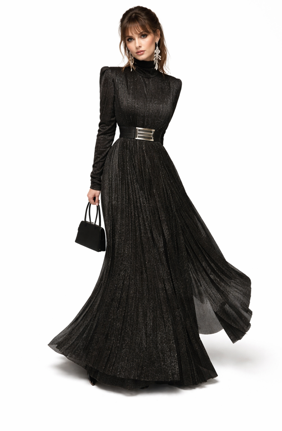 high-neck pleated shimmer maxi dress with structured shoulders – KIYARA