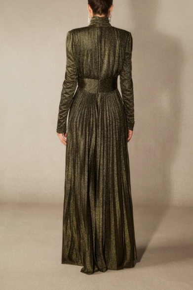 high-neck pleated shimmer maxi dress with structured shoulders – KIYARA
